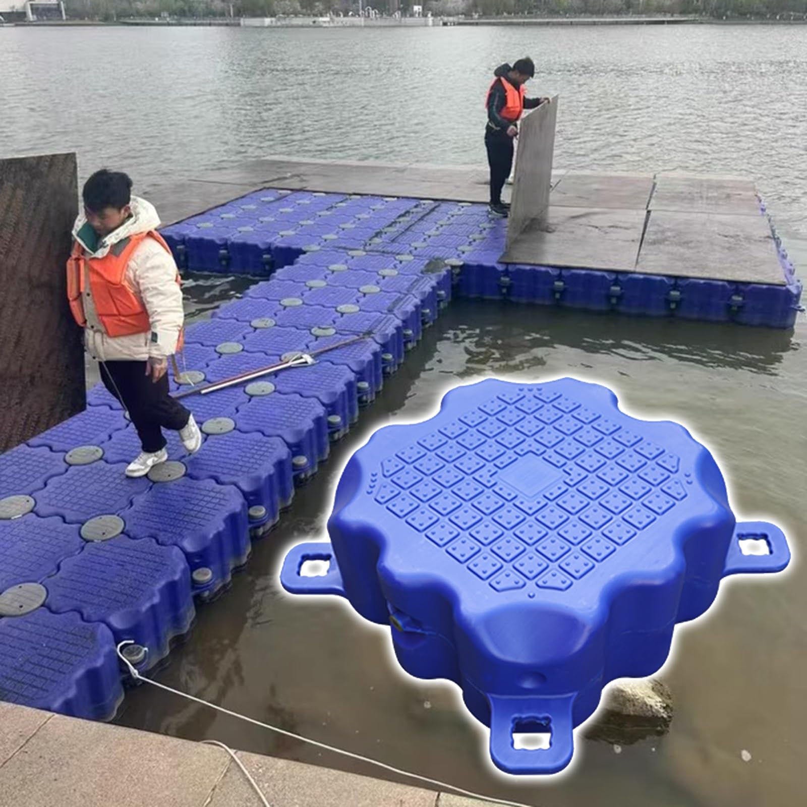 modularne pontony HDPE Zestaw przenośnej platformy wędkarskiej ze śrubami, wytrzymały pływający pomost do wędkowania na jeziorze, duży pływający dok DIY do jachtów/łodzi(Blue (S))