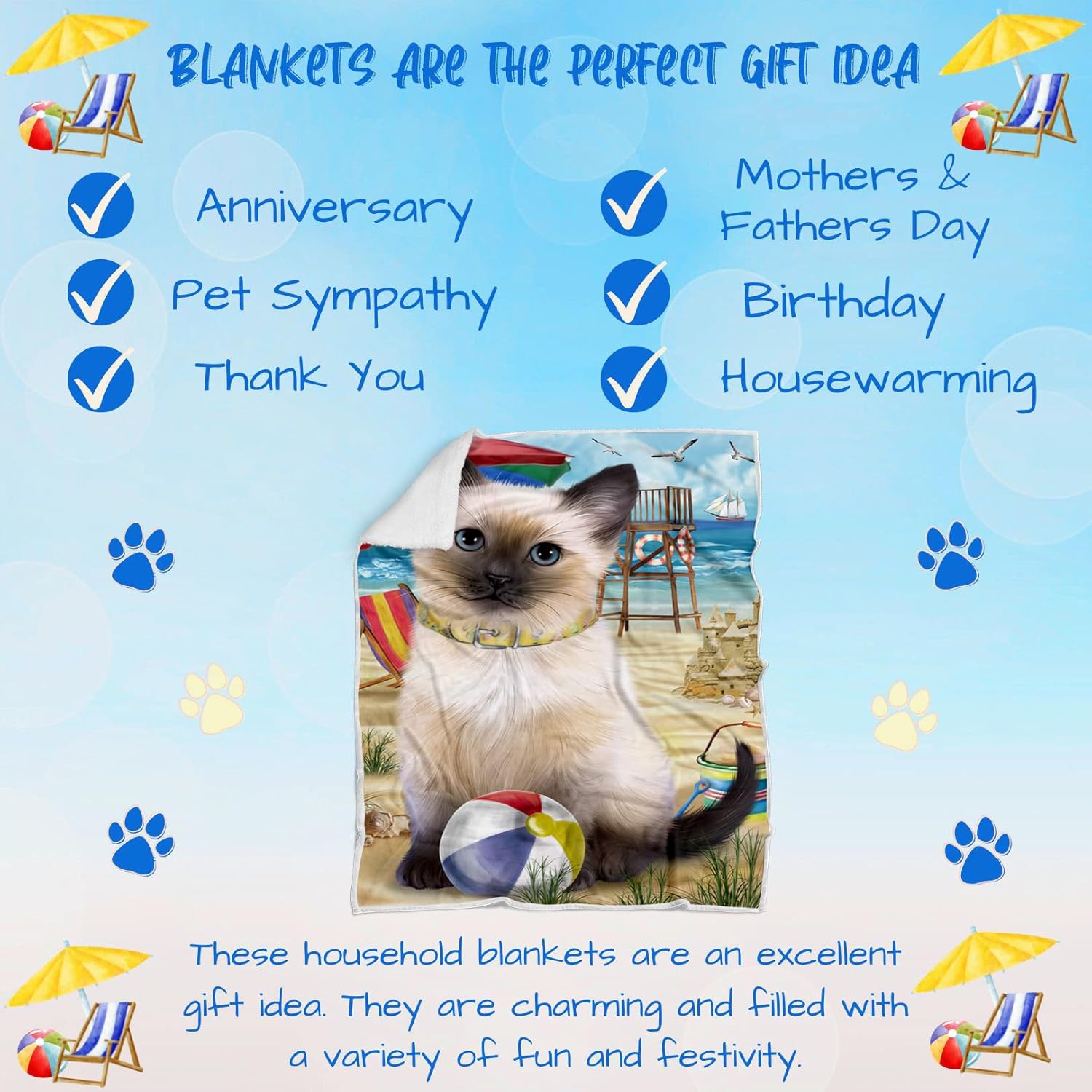 Pet Friendly Beach Siamese Cat Blanket - Lightweight Super Soft Cozy and Durable Bed Blanket - Animal Theme Fuzzy Blanket for Sofa Bed Couch BLNKT56831 (50x60 Sherpa)