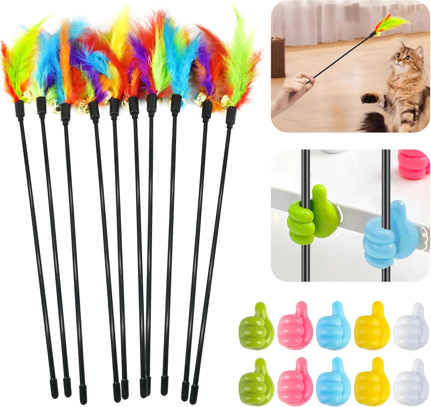10Pcs Interactive Cat Toys Feather Toys Cat Toys Wand with 10Pcs Cat Teaser Stick Storage Holder for Indoor Cats to Chase and Exercise