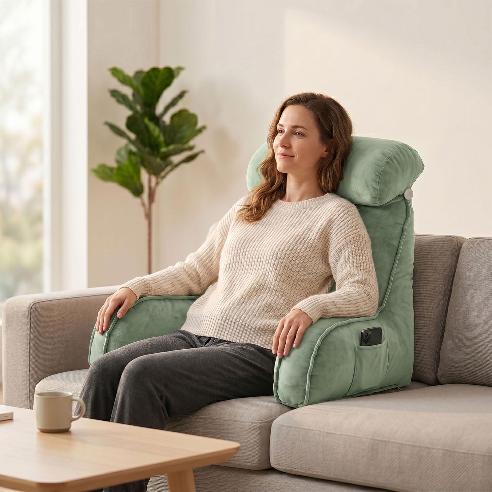 Lesekissen für Bett und Sofa Ergonomisch mit Nackenrolle - Rückenkissen Bett Groß mit Memory Schaum - Rückenstützkissen mit Taschen - Lesekissen für Lesen Entspannen Sofa (Grün)
