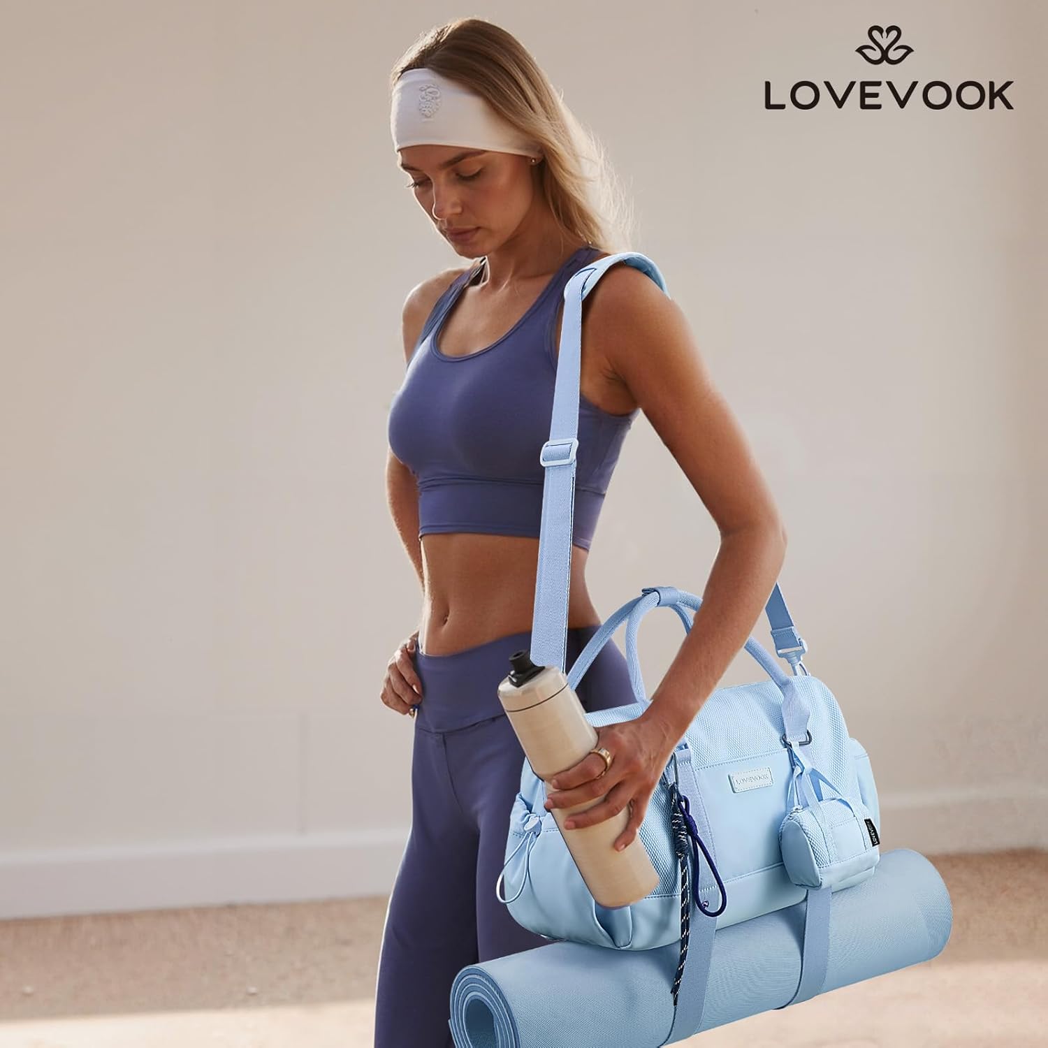 LOVEVOOK Small Gym Bag for Women with Yoga mat Holder, Mini Duffle Bag for Travel with Wet Pocket, Overnight Personal Item Bags (Blue (mesh), 14.5 inch-Small-2Pcs)