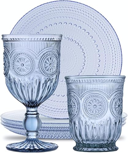 Yungala Blue Glassware Bundle – Copas de vino platos tazas – Juego de cristalería en relieve de girasol azul