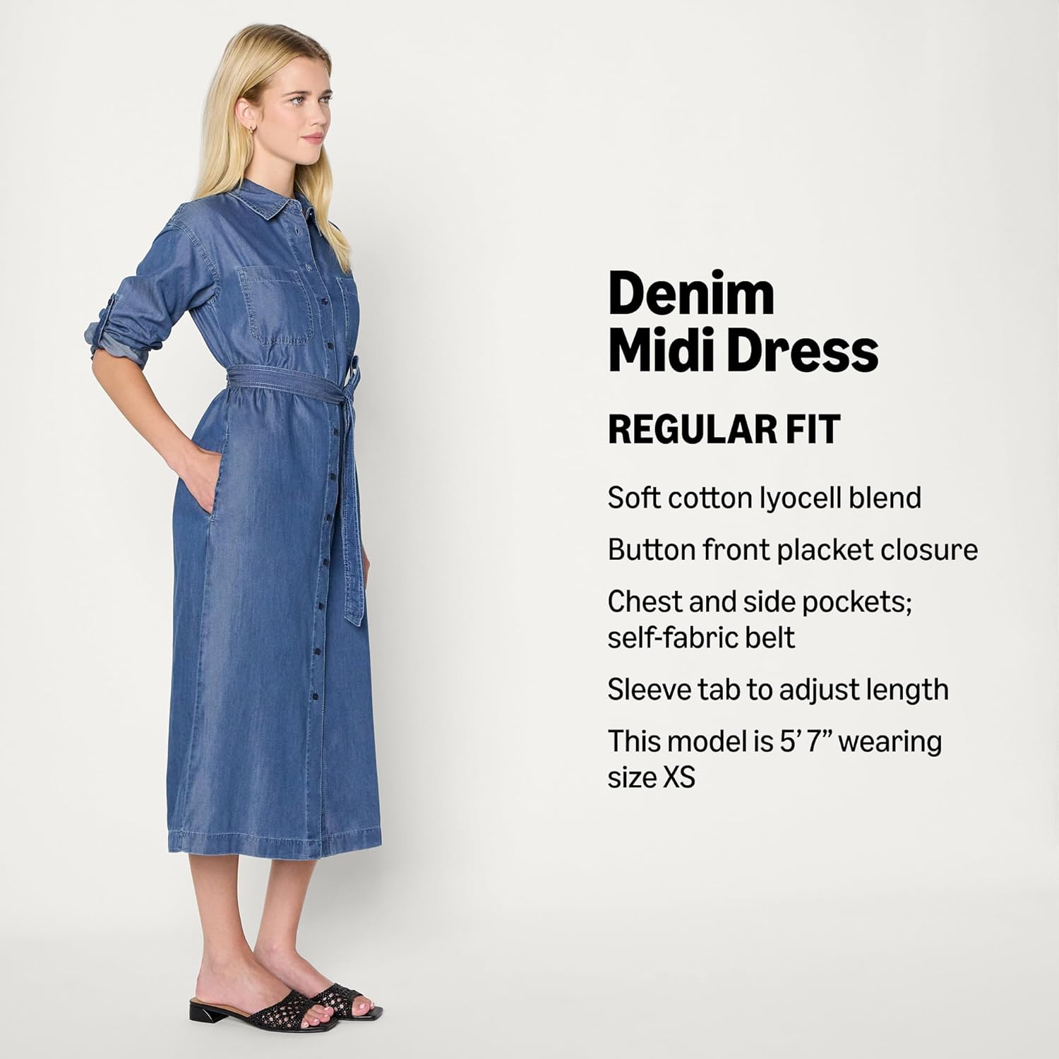 Amazon Essentials Women's Regular-Fit Denim Chambray Long-Sleeve Button-Up Midi Dress - Image 4