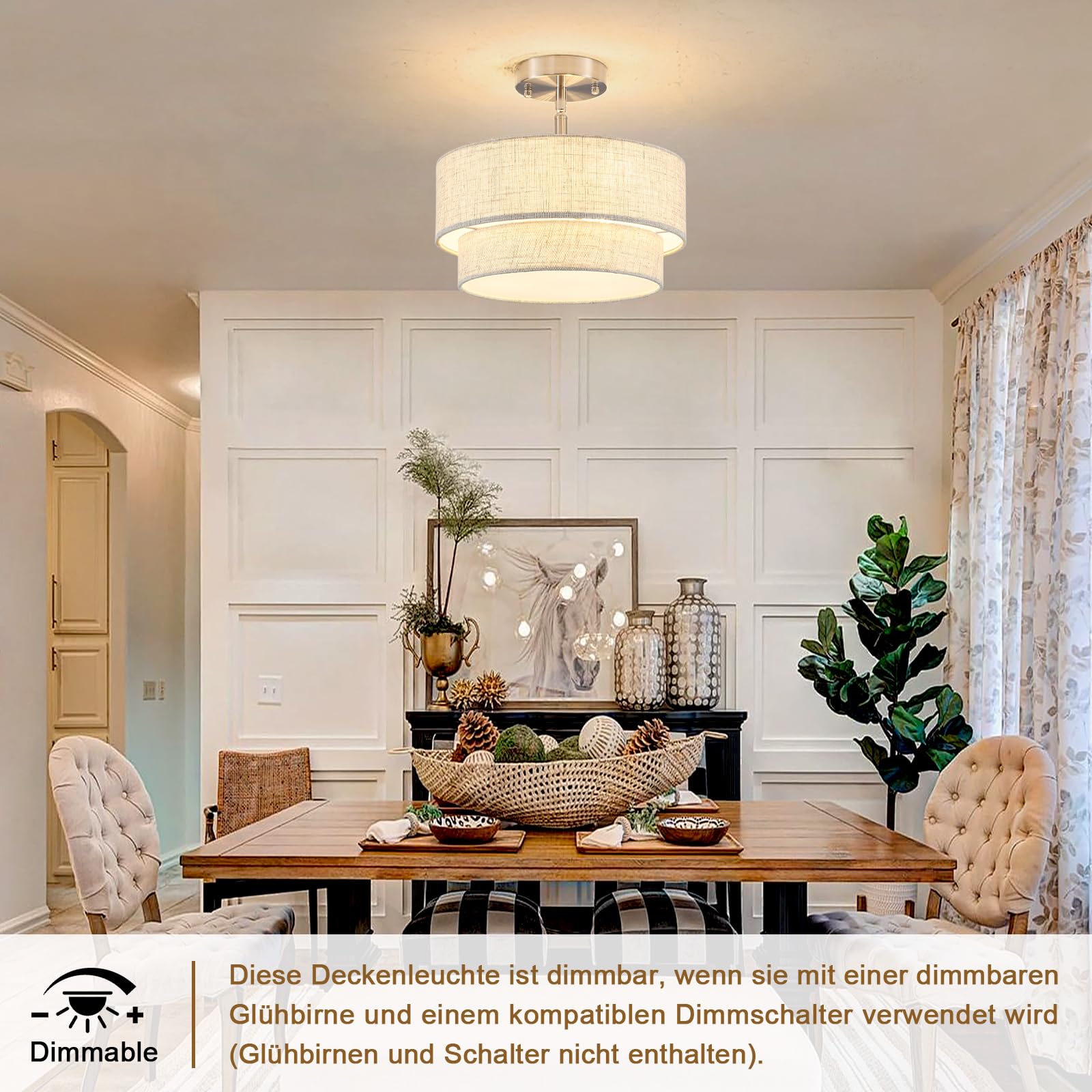 Deckenleuchte Silber 3-flammig, Moderne Stoff Deckenlampe E27 Wohnzimmer | Lampe für Schlafzimmer Kinderzimmer Esszimmer Flur, Runde Deckenlampe mit beige Leinenstoffschirm, Ø32 cm, weiches Licht