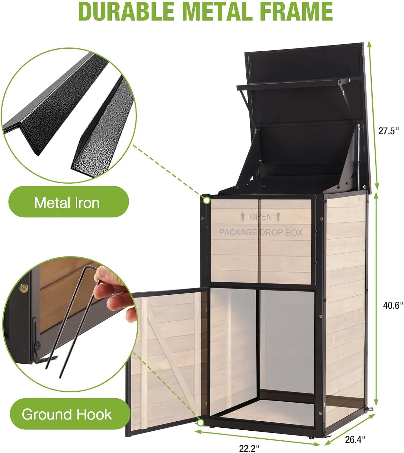 GUTINNEEN Package Delivery Box for Outside Large Parcel Drop Box,Metal Frame Solid Wood, Anti-Theft Baffle, Password Lock,Gas-Strut Lid,Weatherproof for Multiple Packages, 22.2" L x 27.5" D x 40.6" H