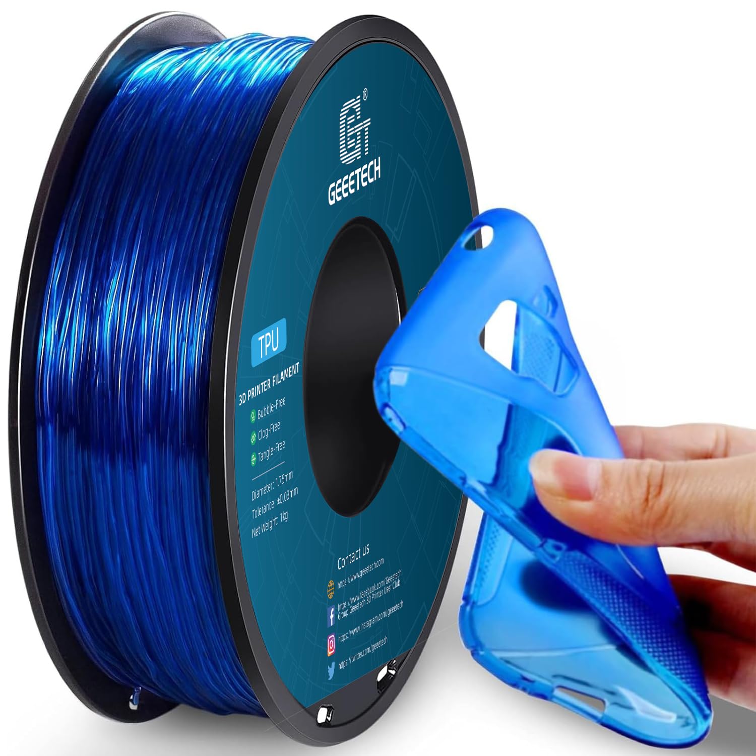 GEEETECH TPU Filament 1,75 mm +/- 0,02 mm für 3D Drucker, 1KG 1 Spool Transparent Blau