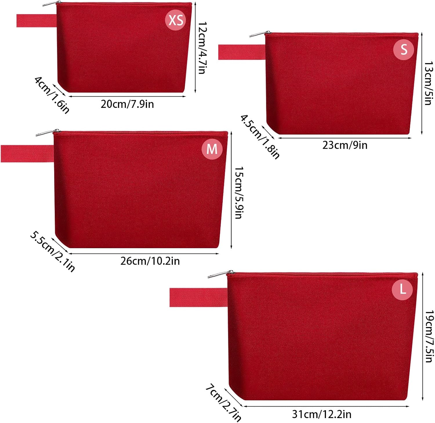 10 Pieces Cotton Canvas Makeup Bag with Bottom and Strap, Multi-Purpose Cosmetic Bag with Zipper Travel Toiletry Pouch, Blank DIY Craft Bag (Red, XS) - Image 7
