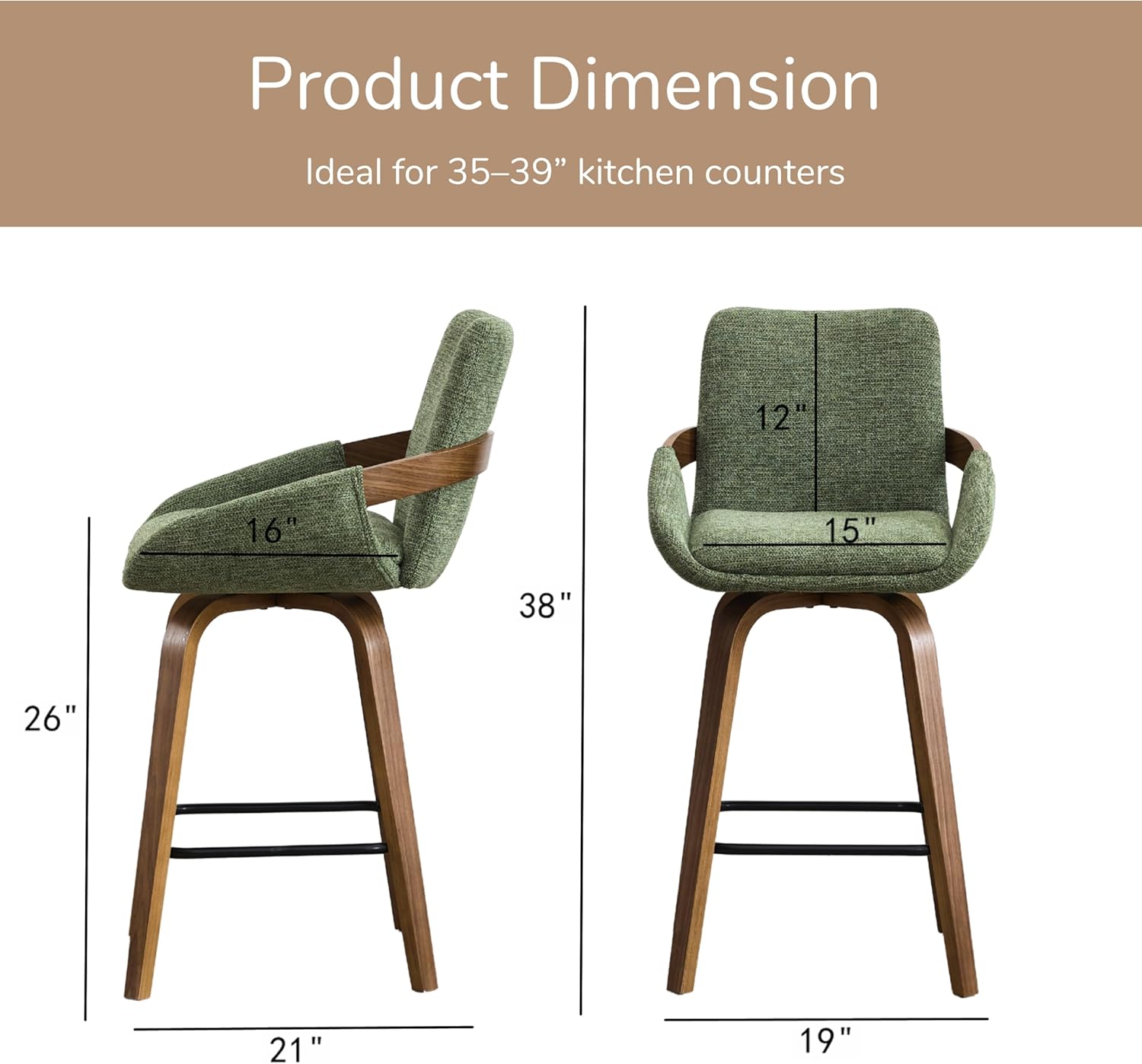 Counter Height Swivel Bar Stools Set of 3, 26" Linen Fabric Counter Stools with Walnut Bentwood Back, Cozy Mid-Century Modern Swivel Bar Stools for Kitchen Island & Home Bar Seating, Moss Green