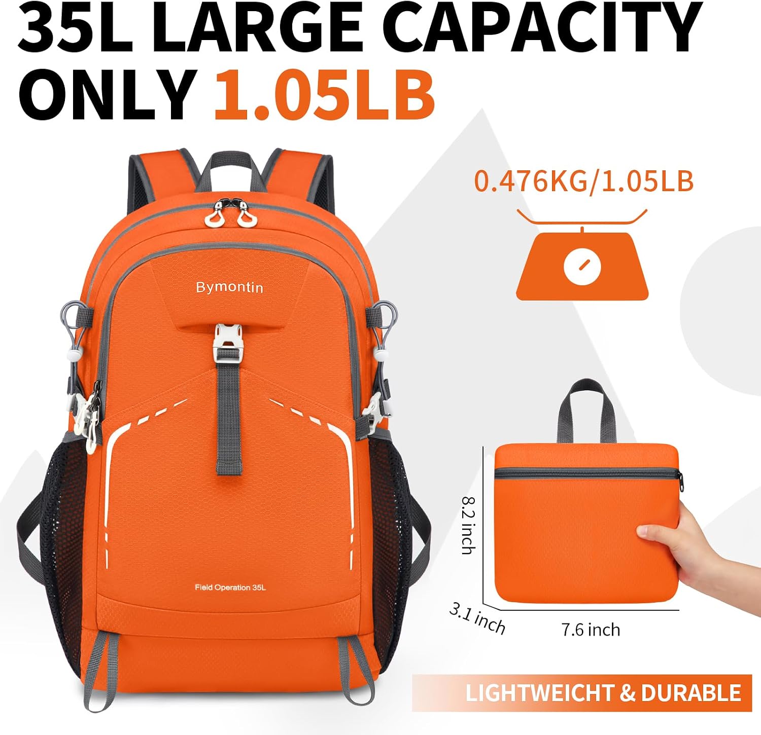 Lightweight Foldable 35L Everyday Backpack, Packable Daypack (Orange) thumbnail