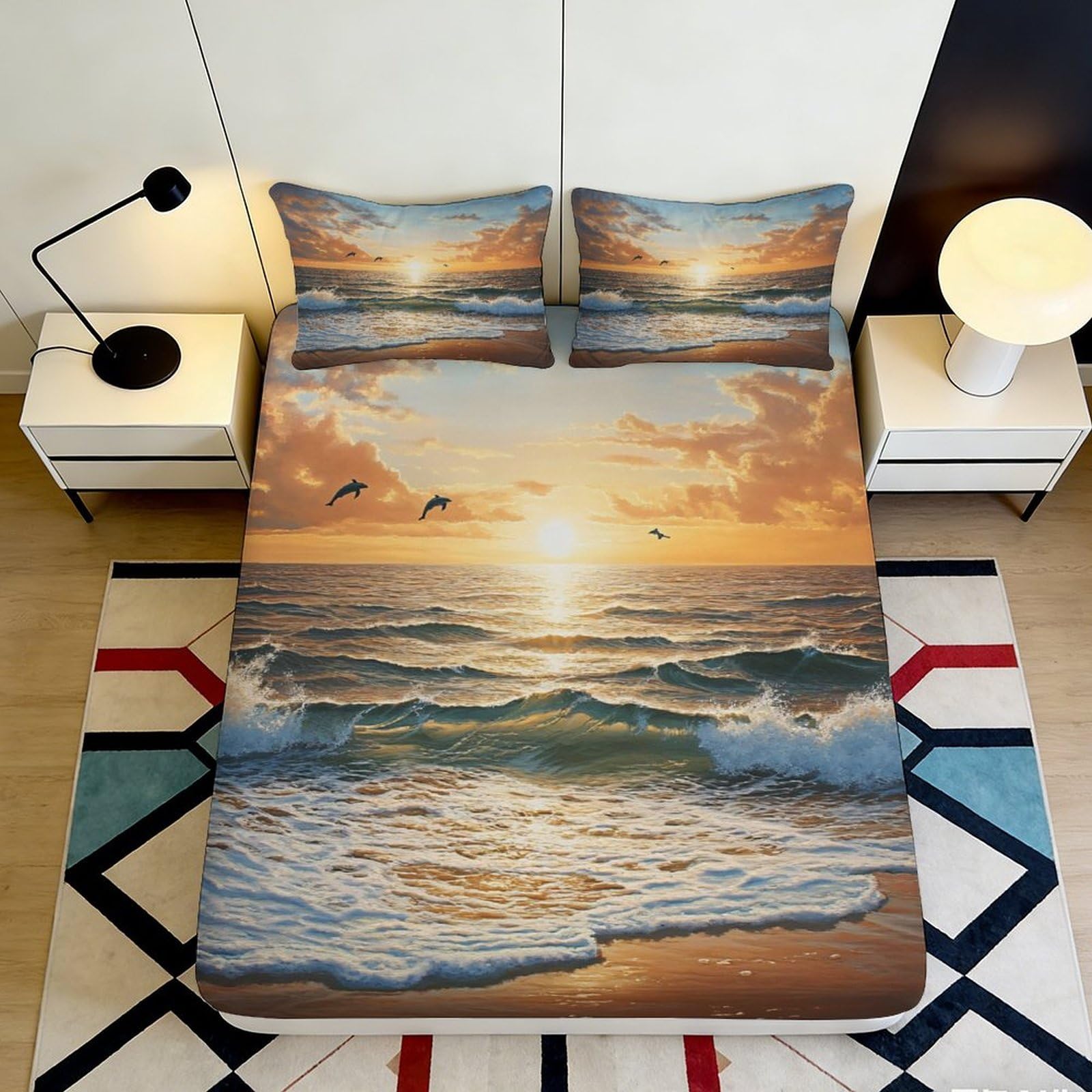 3D Printed Ocean Sunset Fitted Sheet Microfiber Deep Pocket Non-Slip Bedroom Bedding Set Seaside Mattress Fitted Cover Washable for Adults 140x200x25cm