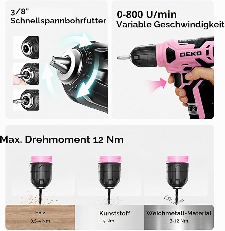 Set de scule DEKO cu șurubelniță cu acumulator și trusă, 126 piese, pentru bricolaj în birou și grădină, roz