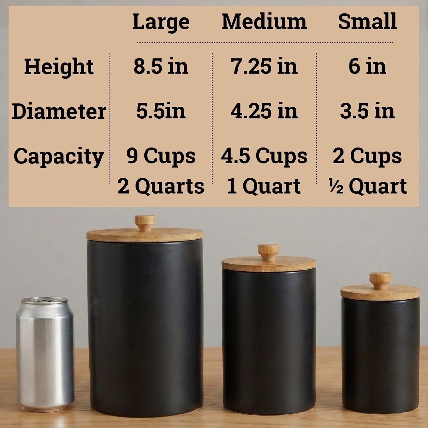 Ceramic Kitchen Canisters for Countertop Set of 3 with Airtight Bamboo Lids - Black Kitchen Canisters with Airtight Lids - Flour Sugar Canister Set - Flour and Sugar Containers Farmhouse - Coffee Jar
