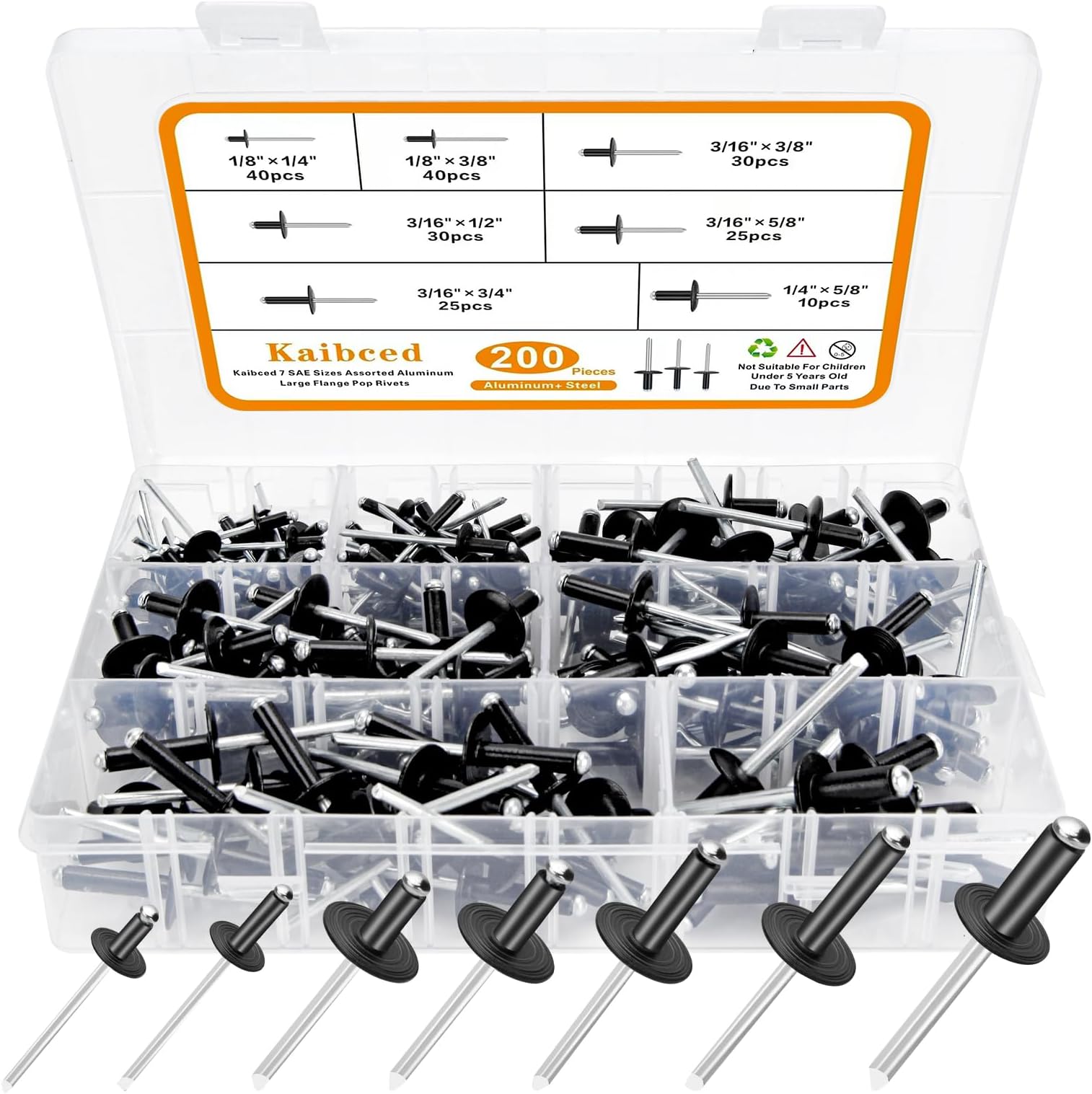 200PCS Pop Rivets Assortment Kit, Kaibced Large Flange Aluminum Rivets(1/8" 3/16" 1/4") Assorted Blind Rivets with Case (Black)