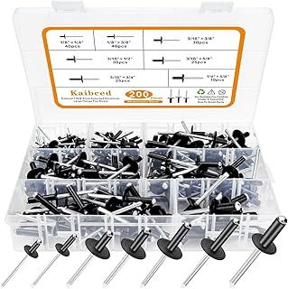 200PCS Black Rivets Pop Rivets Assortment Kit, Kaibced Large flange Aluminum Rivets(1/8" 3/16" 1/4") Assorted Blind Rivets with Case