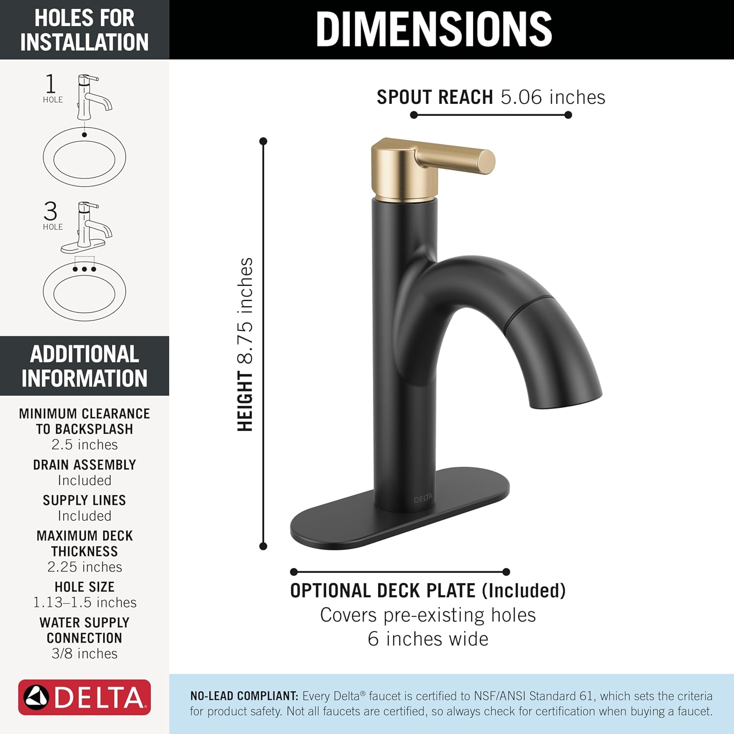 Delta Nicoli 1 Hole Matte Black/Brushed Gold Bathroom Faucet with Sprayer, Single Hole Bathroom Sink Faucet with Pull Out Sprayer for Vanity, Push-Pop Drain, Matte Black/Champagne Bronze 15749LF-GZPD