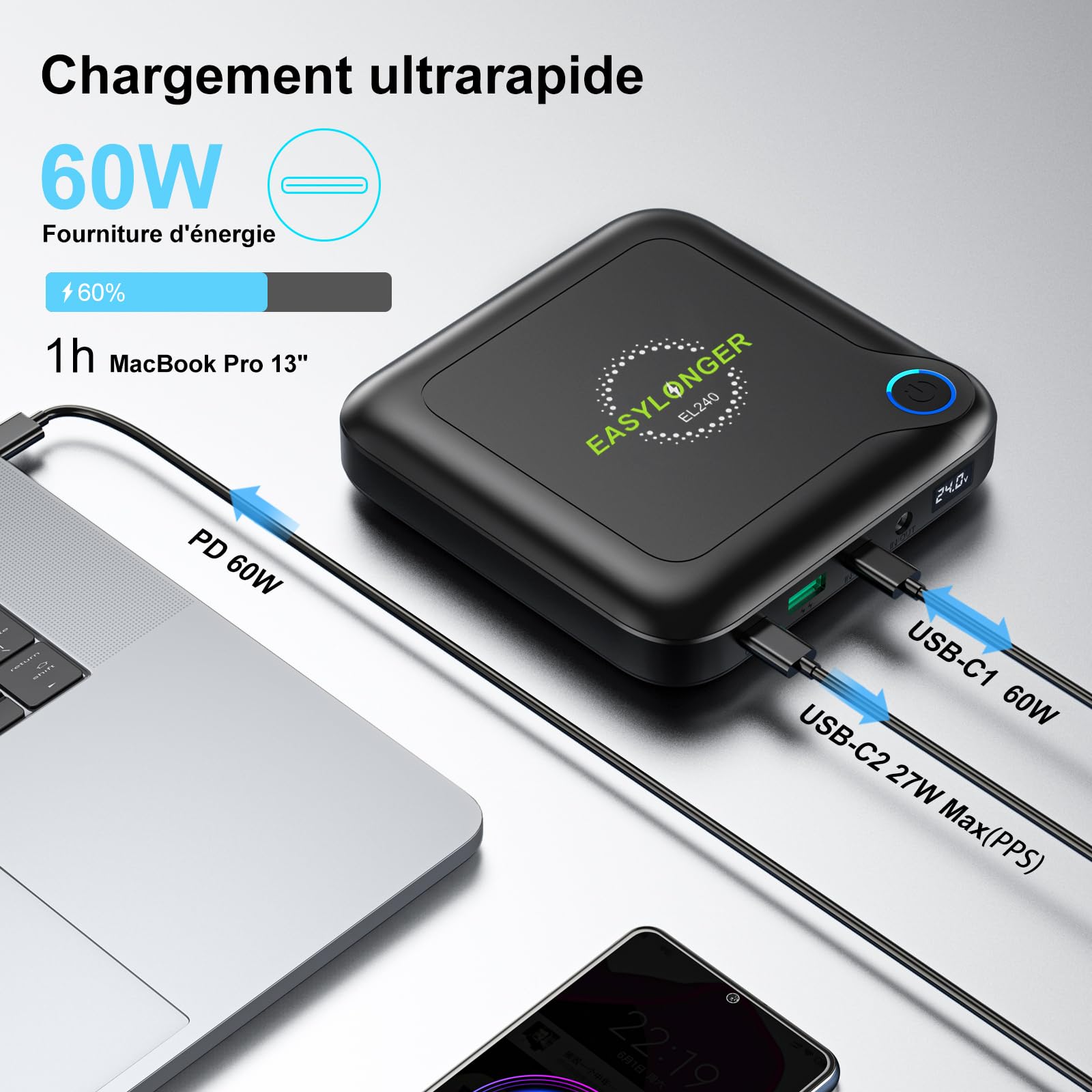 EASYLONGER EL240 88.8Wh Batterie CPAP, CPAP Power Bank avec 4 Câbles pour ResMed AirMini, AirSense 11, AirSense 10, S9, Philips Dreamstation,24000mAh Voyage Batterie CPAP