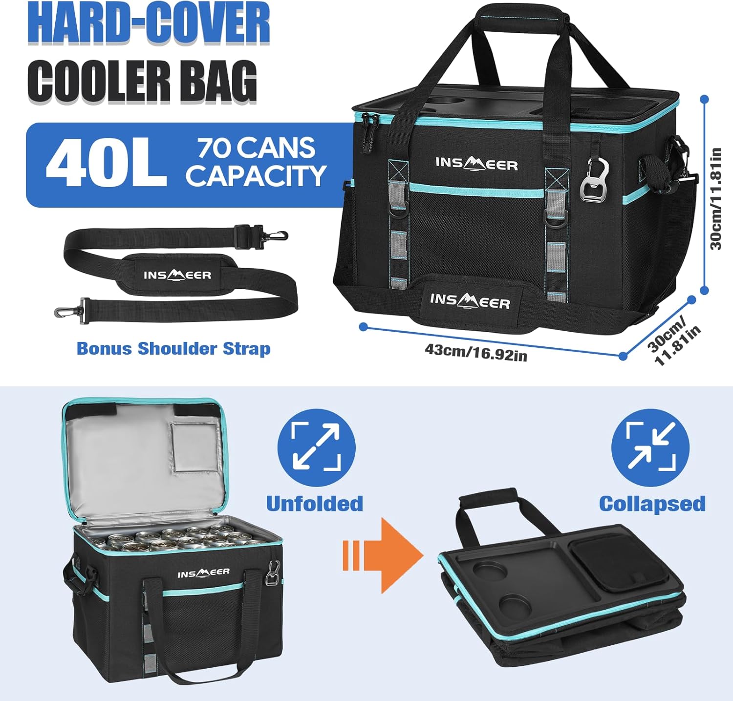 INSMEER Soft Cooler Bag with Hard Shell & 2 Cup Holders, Portable 40L/70 Cans Collapsible Cooler Bags Insulated with Leakproof for Travel, ice chests and Cooler Lunch Box for Beach Camping Picnic - Image 2