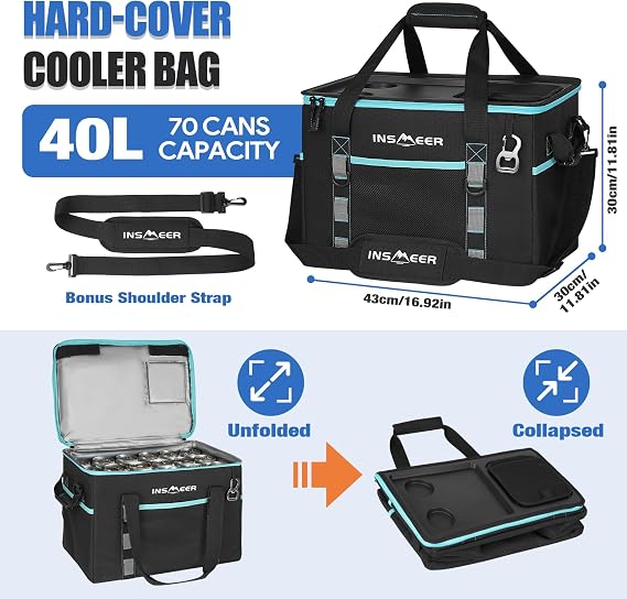INSMEER Cooler Bag with Hard Shell, Portable 40L/60 Cans Collapsible Large Cool Bag Insulated with Top Cup Table & Opener, Cooler Bag for Camping, Picnic, Beach