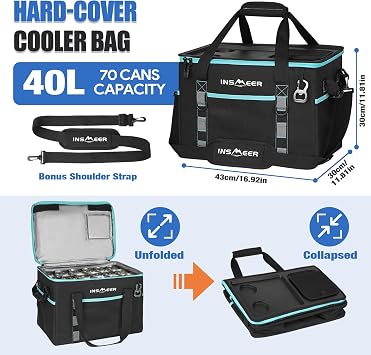 INSMEER Cooler Bag with Hard Shell, Portable 40L/60 Cans Collapsible Large Cool Bag Insulated with Top Cup Table & Opener, Cooler Bag for Camping, Picnic, Beach