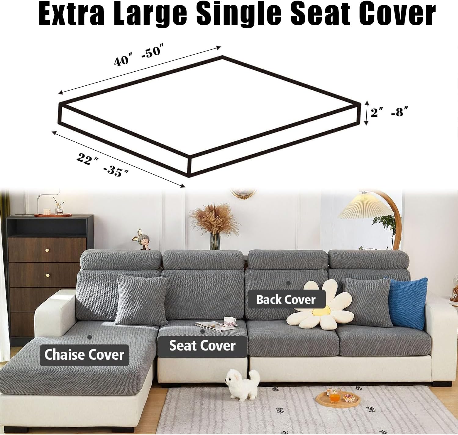 Couch Cushion Covers & Couch Cover for Sectional Sofas, Reversible Non-Slip Sofa Slipcovers, Washable Pet Proof Home Decor Protector (Gray Blue, Extra Large Single Seat Cover)