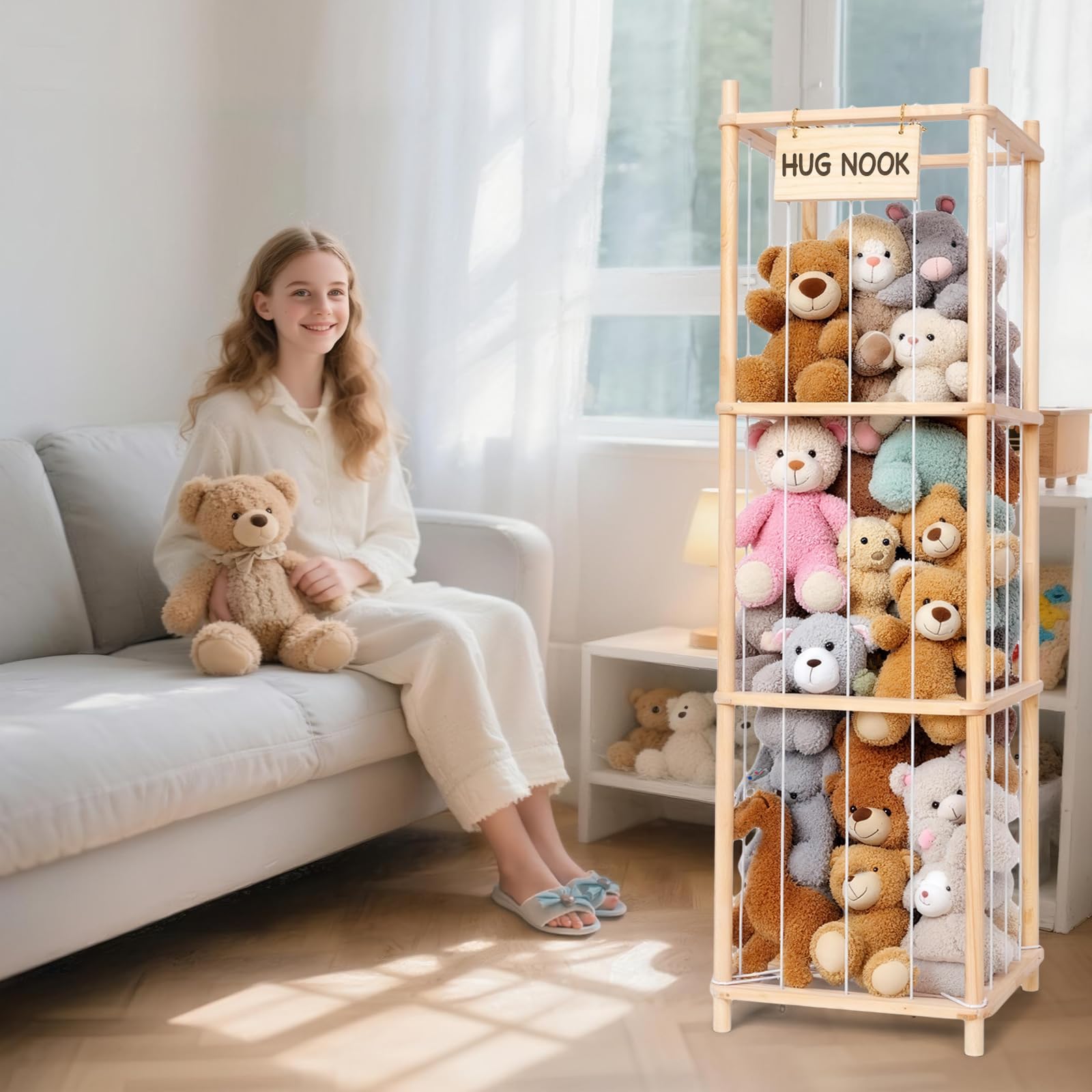 Porta Peluche Verticale, Contenitore per Animali di Peluches Salvaspazio, Porta Giochi Contenitori in Legno, Organizer per Giocattoli di Peluche per Stanza da Gioco per Camera da Letto, Casa