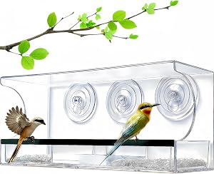 Window Bird Feeder with 3 Strong Suction Cups,11in Clear Acrylic Outdoor Feeder with Removable Seed Tray & Drain Holes,Easy to Clean,Squirrel Resistant for Cardinals Finches,Bird Watching Garden Decor