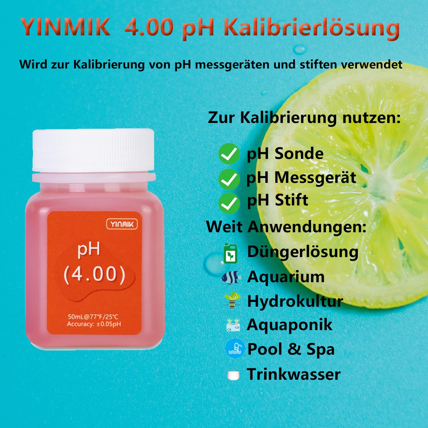 YINMIK pH Messgerät Kalibrierung Slösungs Kit (4.00, 7.00 und 10.01) mit pH Schutzlösungs Set, 3 Flaschen 50 ml pH Kalibrierung Spufferlösung und 2 Flaschen 10 ml KCL pH Sondenlösung für pH Messgerät
