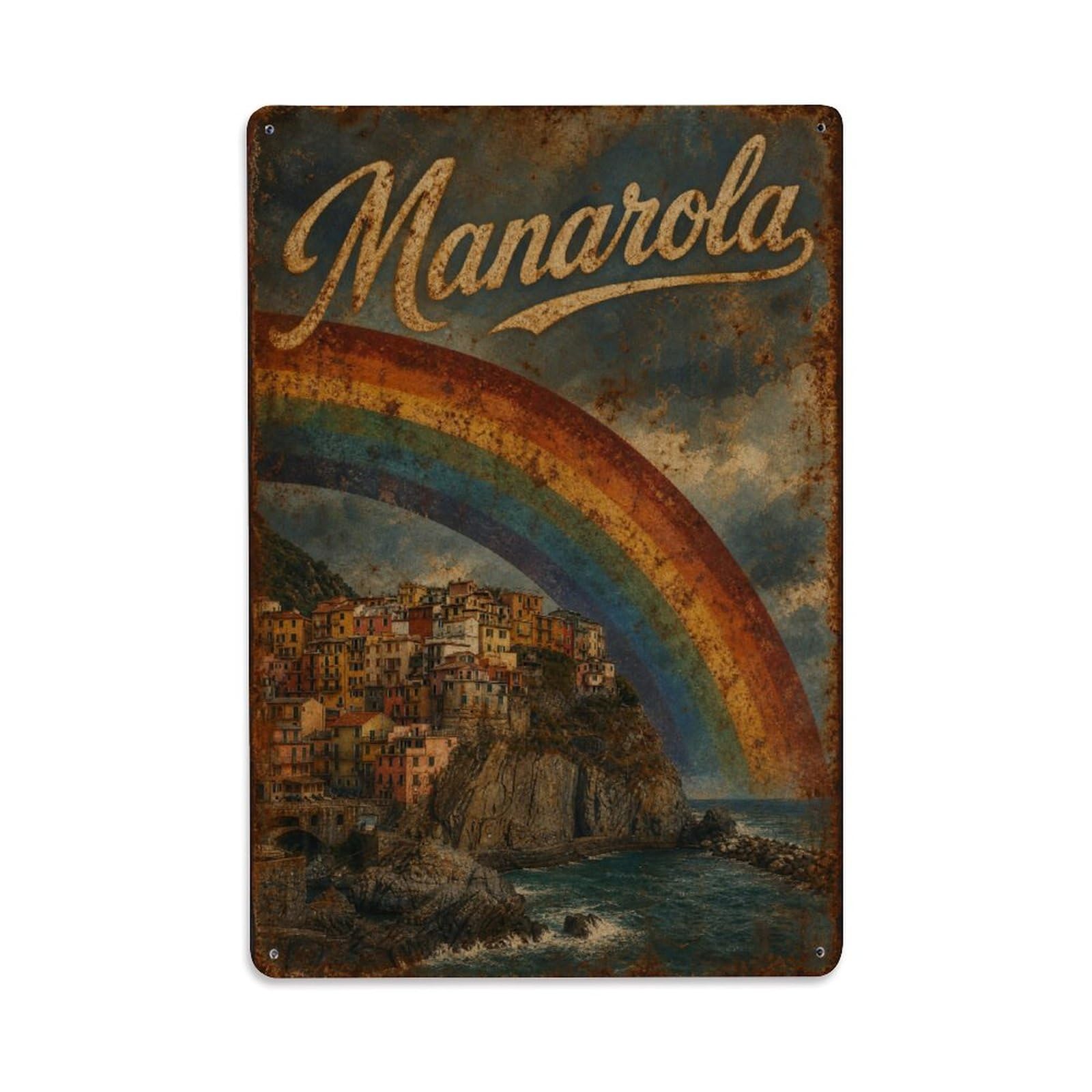 Huiyhb 8X12inch(20X30cm) Vintage Manarola Rainbow After Storm Colorful Arc Italy Metal Tin Sign