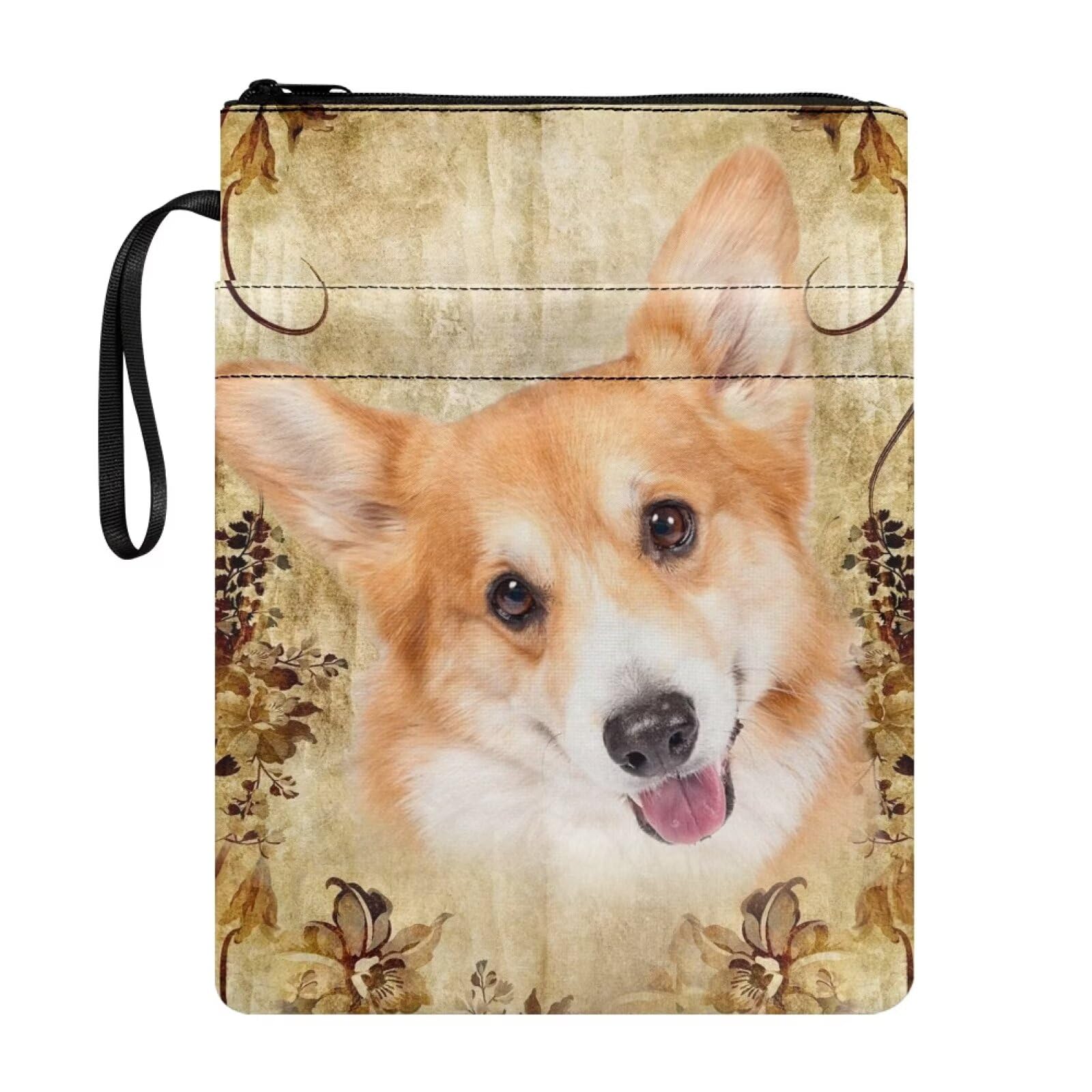 Xoenoiee Corgi Dog Floral Print Book Sleeve for Teen Adult Book Covers for Paperback Book Protector Pouch with Zipper, Book Sleeve Gifts for Book Lovers Readers โ image 1
