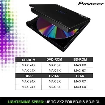 Pioneer BDR-XD07UHD 4K Blu-ray Portable Burner & DVD Player - 6x Slim External BDXL BD DVD & CD Drive for Windows & Mac, 3.0 USB CD Player Write & Read / Laptop or Desktop with Carrying Case Black