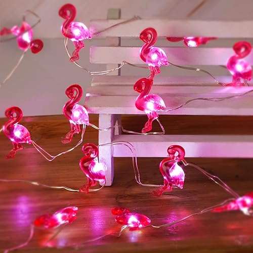 Guirnalda de luces de flamenco a pilas con control remoto de 10 pies, 40 luces LED, color rosa, enchufable, luz alimentada por USB, bandeja