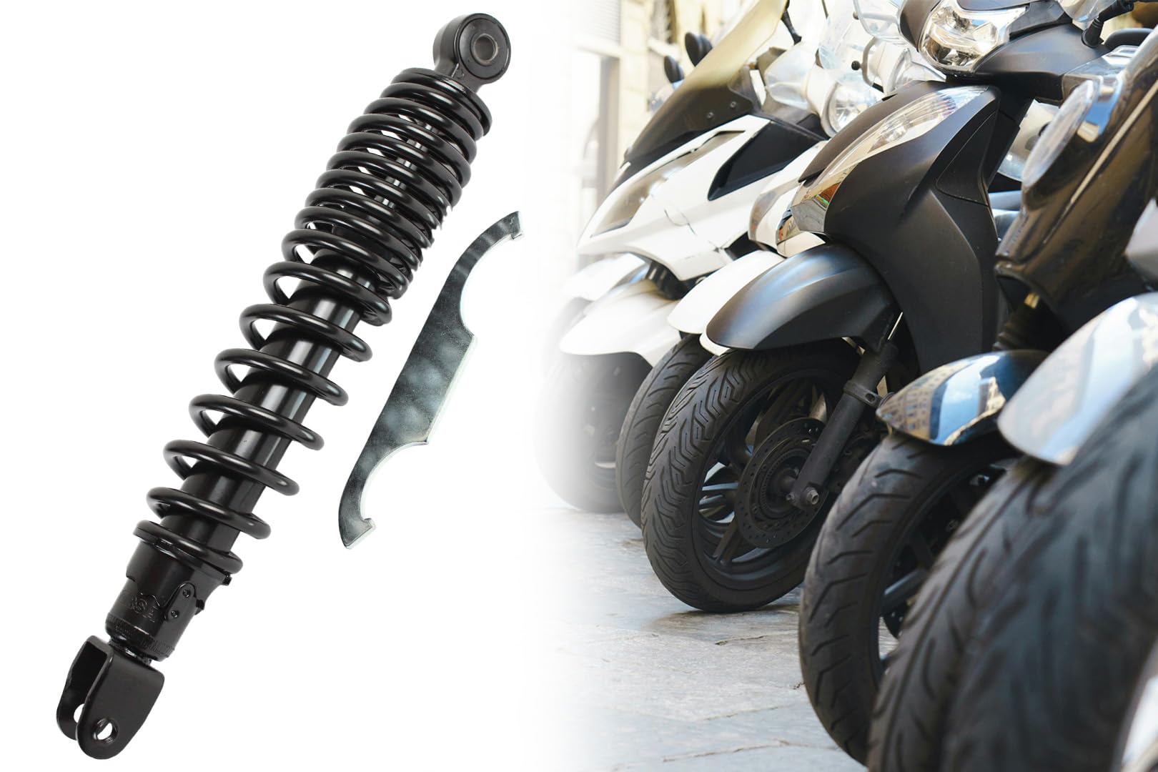 Stoßdämpfer Federbein 326mm hinten, für 12 + 16 Zoll Roller kompatibel mit Kymco Agility und DJ 50-125ccm, M8 x 1,25 inkl. Einstellschlüssel