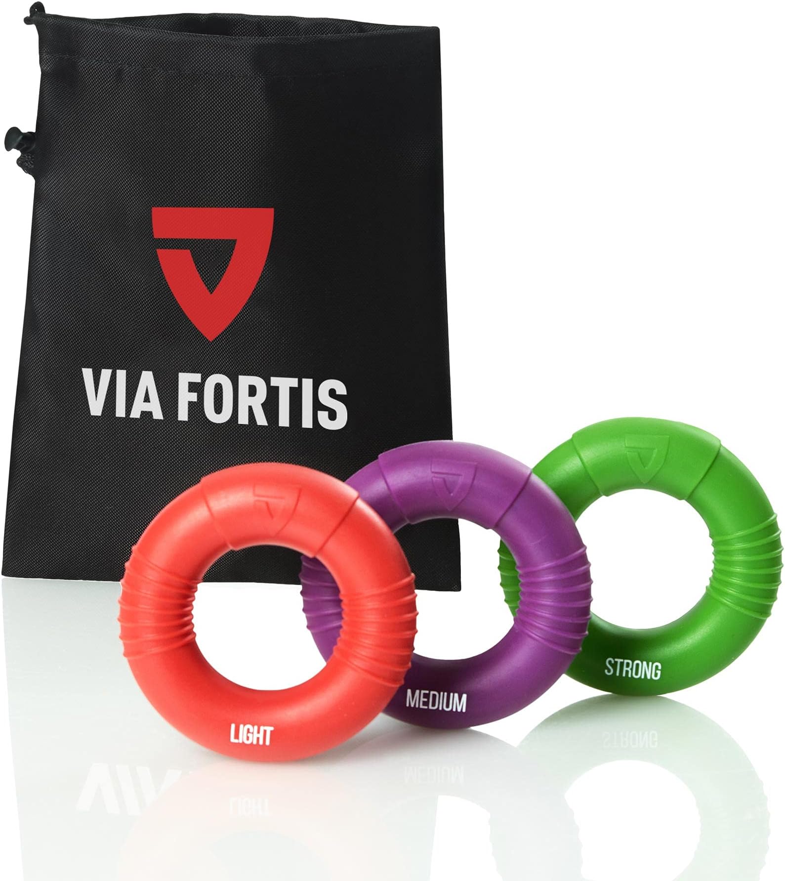 VIA FORTIS Premium Hand Trainer - Finger Trainer Set of 3 Rings incl. Bag - Anti-Stress Grip Strength Trainer for Stronger Forearms and Better Grip