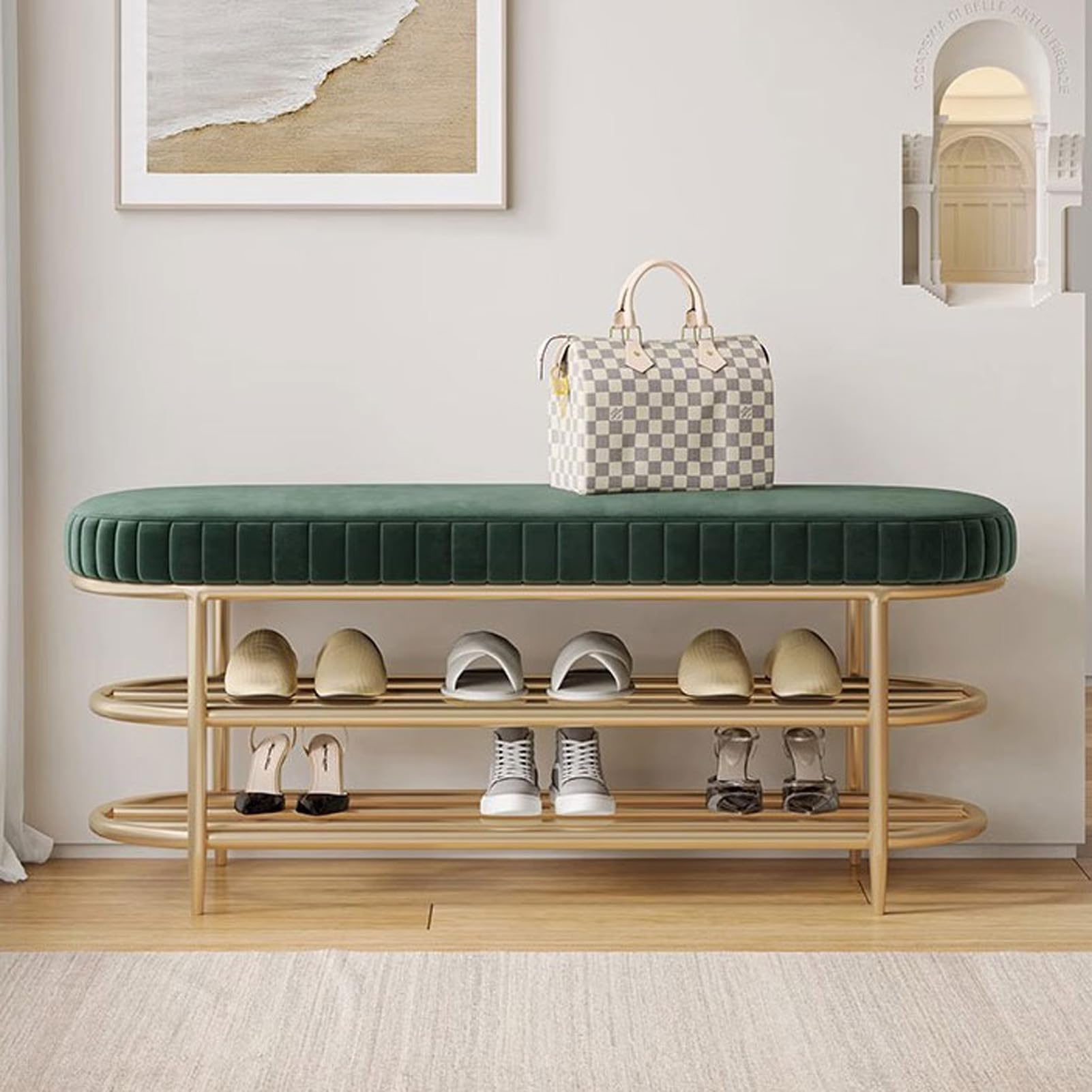 Étagère à chaussures d'entrée design en acier avec assise confort premium