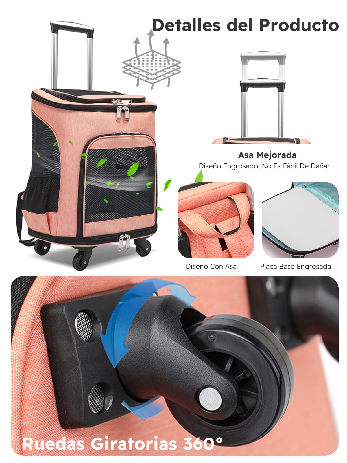 PETCUTE Mochila para Mascotas 3 en 1 con Ruedas,Transportín Transpirable para Gatos con Bolsillos,Mochila Plegable para Perros con Alfombrilla Lavable y Extraíble,Ideal para Senderismo y Viajes