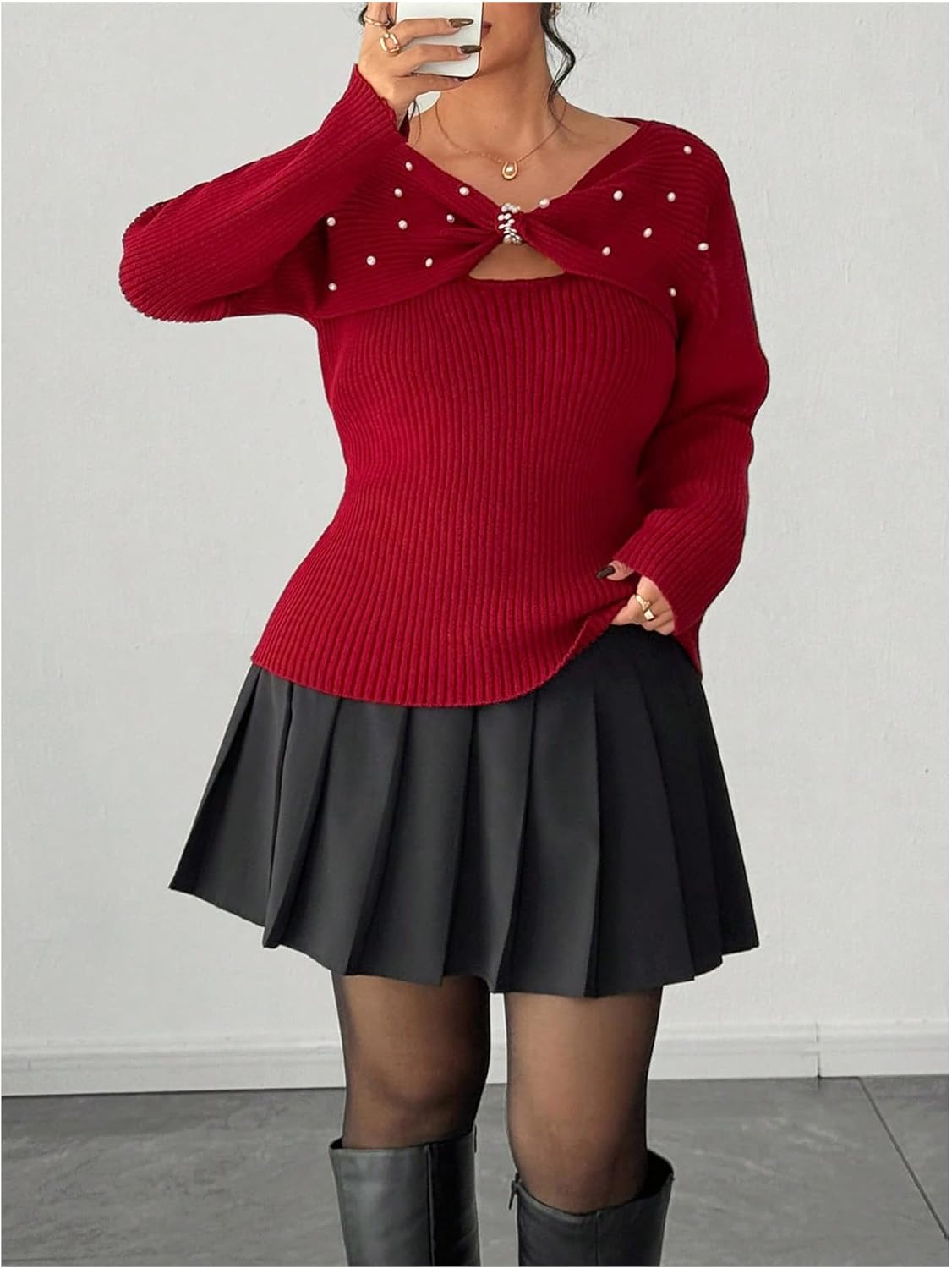 Verdusa Women's Plus Size Pearl Cozy Sweaters Rib Knit Wrap Top Cut Out Pullovers Nye Outfits