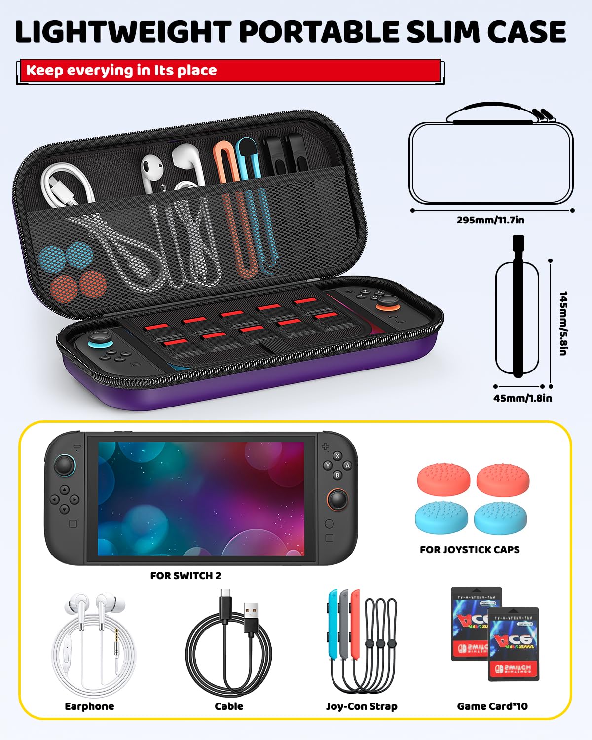 Accessories for Nintendo Switch 2 2025, Portable Hard Shell Carrying Case with 2 HD Screen Protectors (7.9 Inch), TPU Protective Skin, Dust Plugs Kit, 4 Thumb Grips – Switch 2 Accessories Bundle (Switch 2 Purple) - Image 3