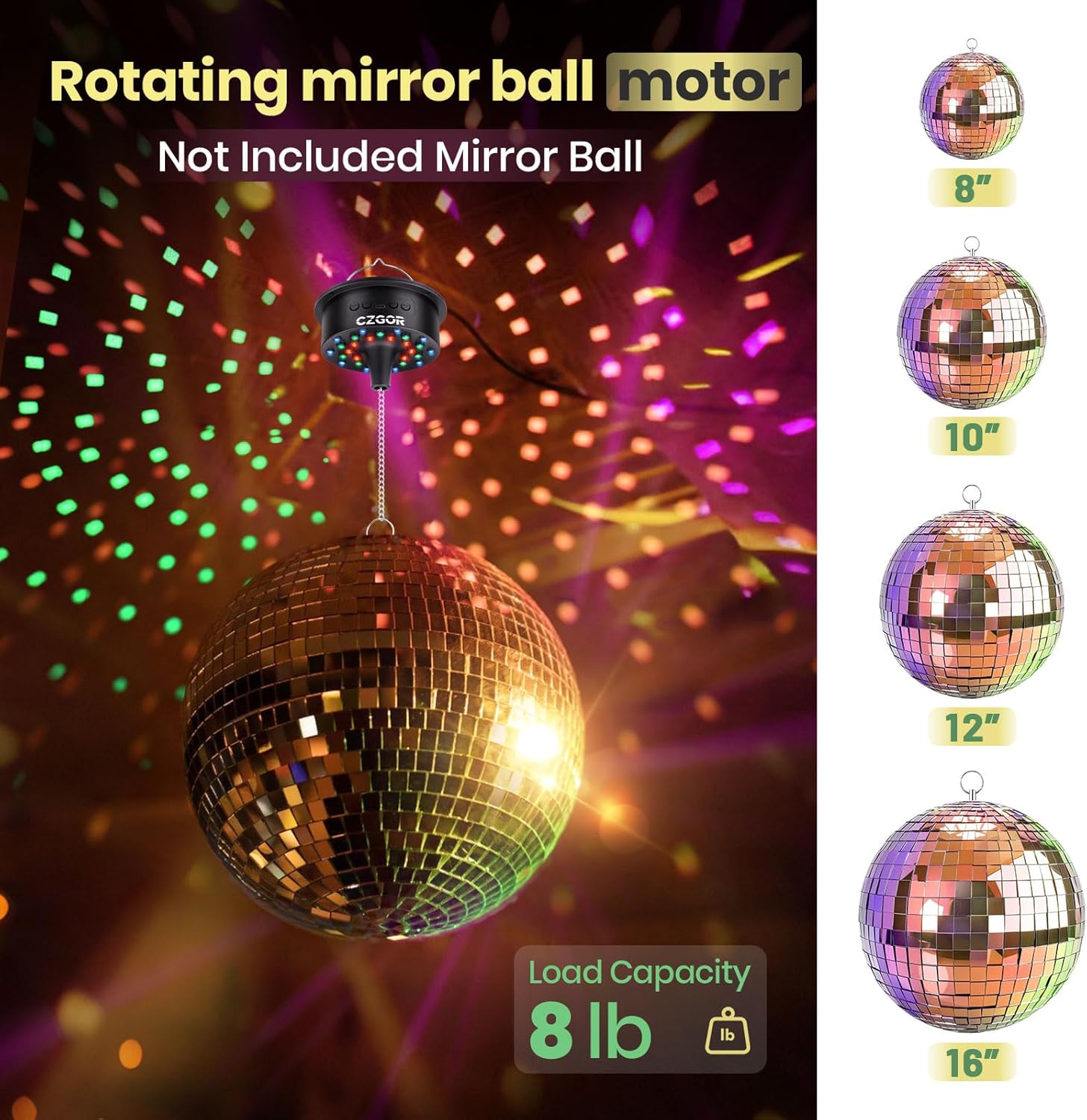 Disco Ball Motor with Remote, 0-15RPM Adjustable Speed Rotating Disco Ball Spinner, 30 RGB LEDs, 15ft Power Cable, Support 4''~16'' Mirror Balls, for DJ Party Home Bands Christmas Wedding Camping