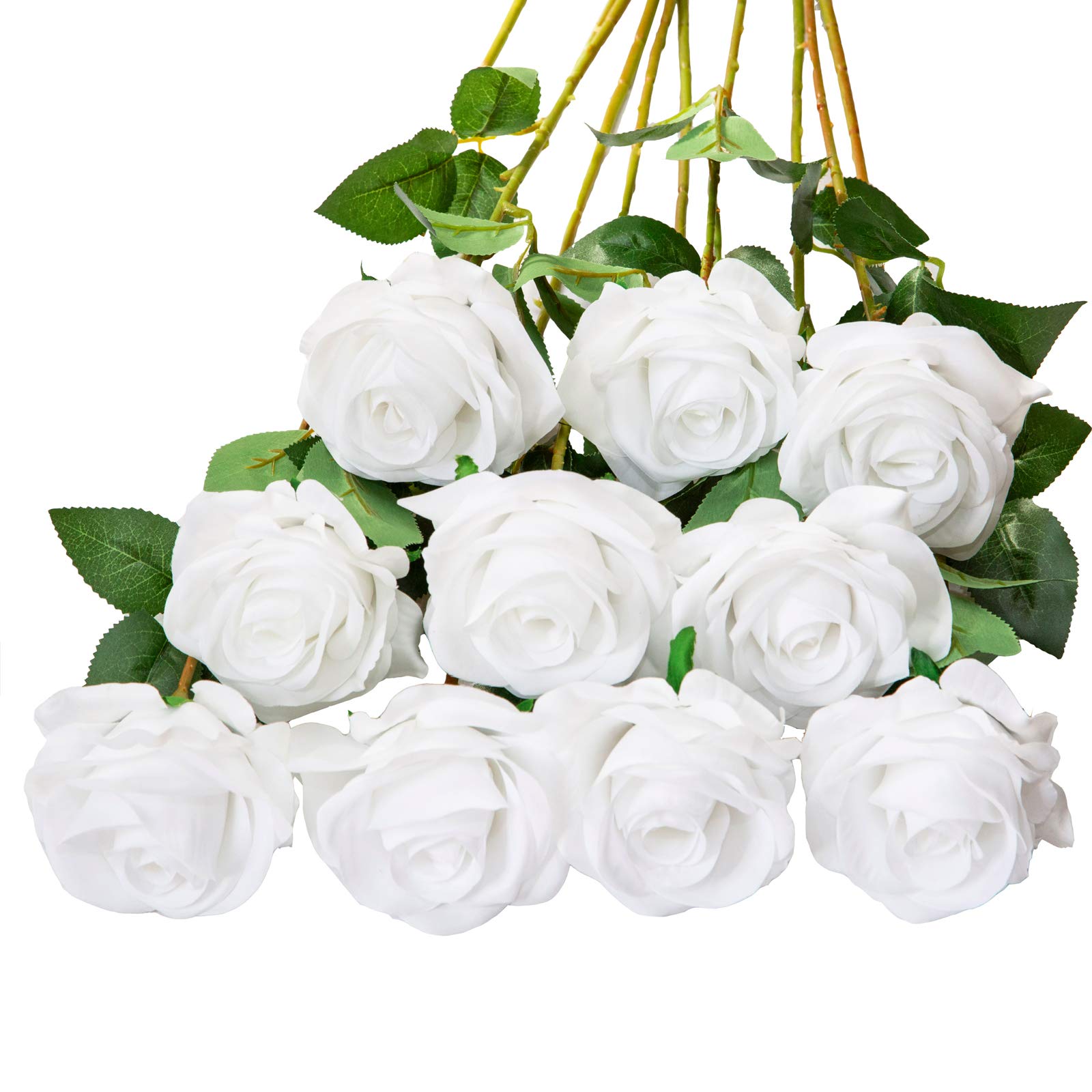 Duhouse Pure White 10Pcs Artificial Roses Fake Silk Flowers Realistic Bridal Bouquets With Single Long Plastic Stems For Arrangement Wedding Table Centerpiece Party Home Decor(Pure White)