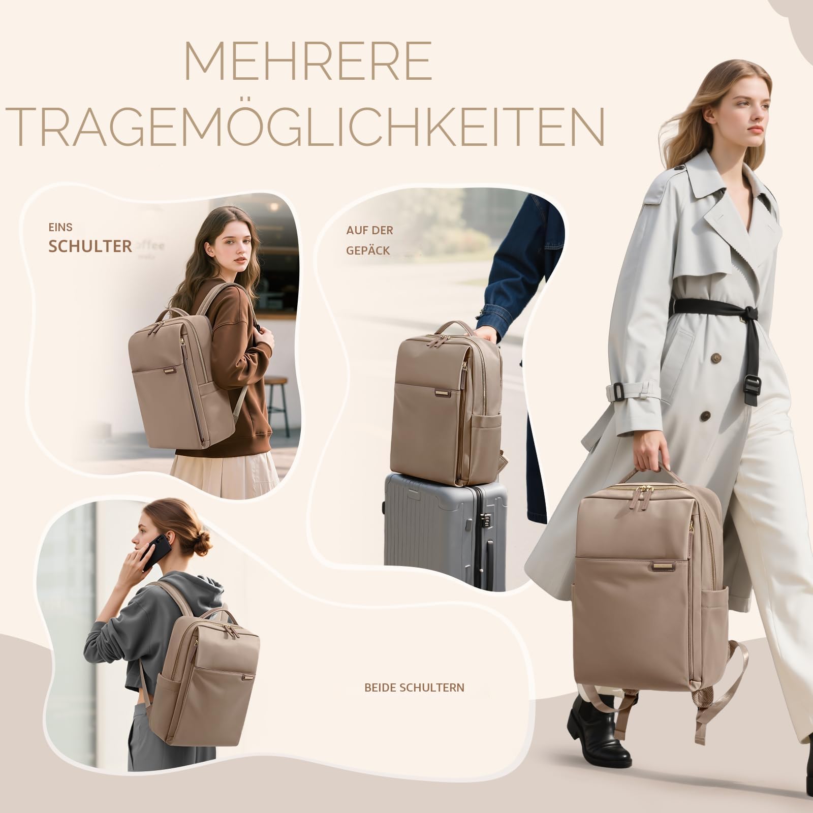 Laptop Rucksack für Damen 16 Zoll, Arbeit, Business, Computer-Rucksäcke mit Laptopfach, wasserdicht, lässig, Tagesrucksack für Reisen,Braun