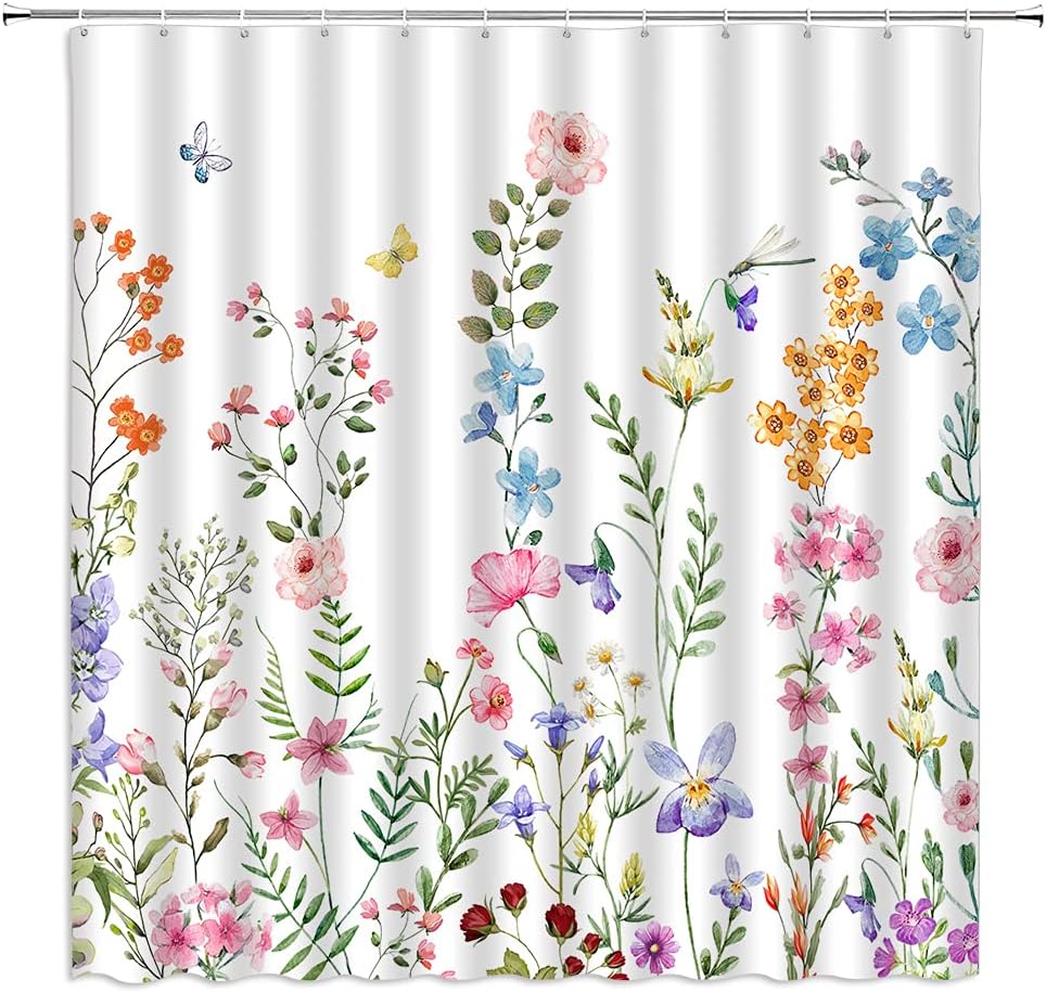 Floral Spring Plant Watercolor Flower Butterfly Dragonfly Shower Curtain Boho Colorful Wild Herbs Home Decor Fabric Bathroom Set with Hook 84Wx70H Inch
