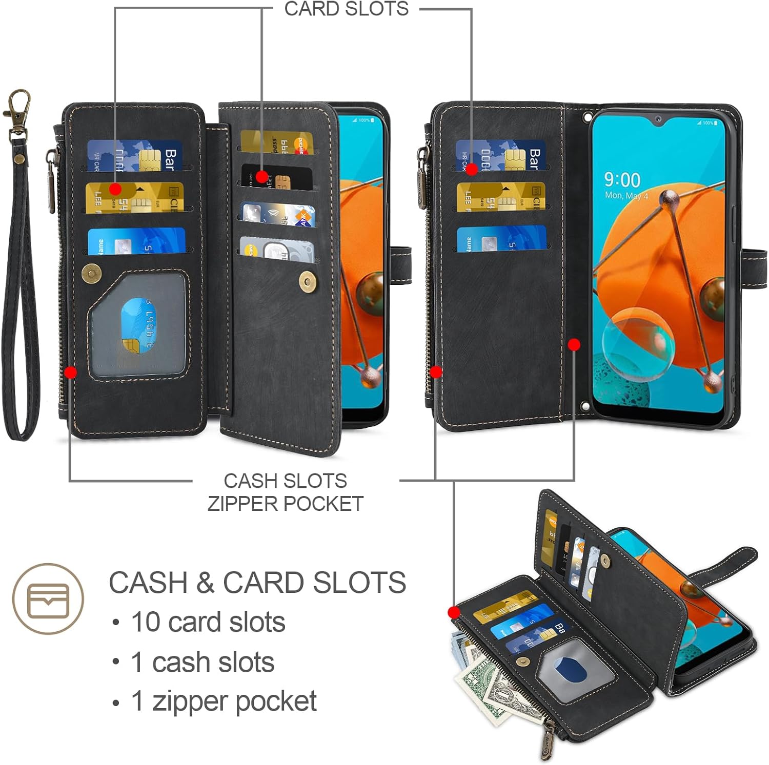 Asuwish Phone Case for LG K51/Reflect LTE/Q51 Wallet Cover and Tempered Glass Screen Protector Leather Flip Card Holder Cell Accessories LGK51 K 51 51K L555DL 2020 LGK51Phone LG51Cases Women Men Black