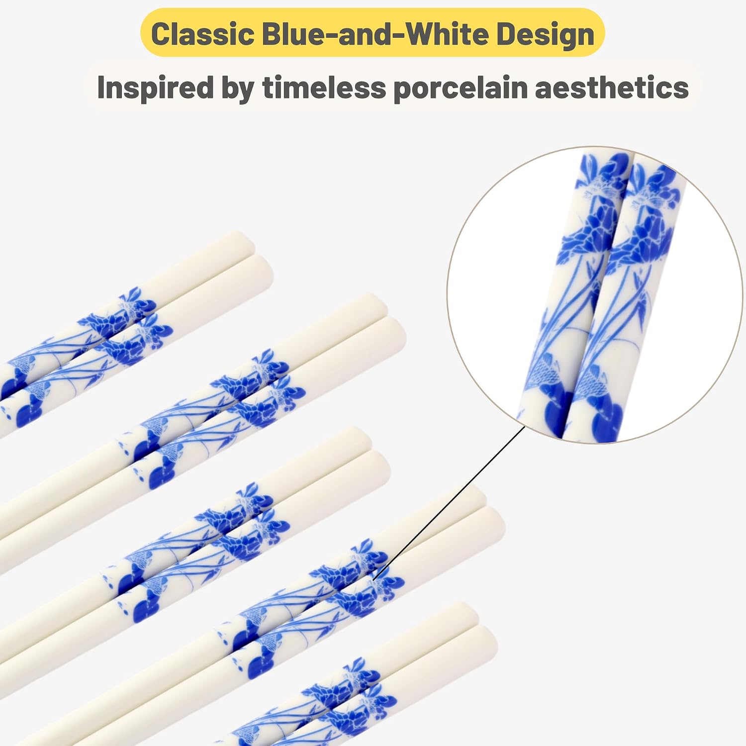 Porcelain Chopsticks Set of 5 Pairs, Reusable Bone Ceramic Chopsticks, Dishwasher Safe, Non-Slip Design, Elegant Gift Box for Family or Restaurant Use (lotus)