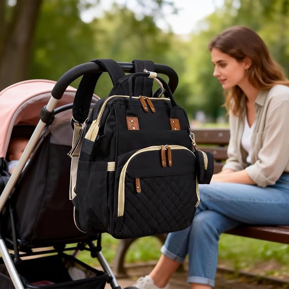 Minifactory Baby Changing Backpack with Changing Mat, Large Capacity Nappy Bag Backpack with 14 Organised Pockets, Waterproof Diaper Bag, Insulated Bottle Holder, USB Charging Port (Black)