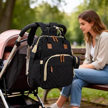 Minifactory Baby Changing Backpack with Changing Mat, Large Capacity Nappy Bag Backpack with 14 Organised Pockets, Waterproof Diaper Bag, Insulated Bottle Holder, USB Charging Port (Black)