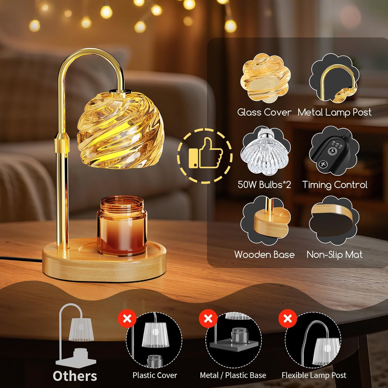 Candle Warmer Lamp with Timer Dimmer, Electric Candle Warmer with Adjustable Height for Home Decor, Office, Valentines Birthday Gifts for Women Men Mom, Wax Melter for All Jar Sizes, 2Bulbs, Gold