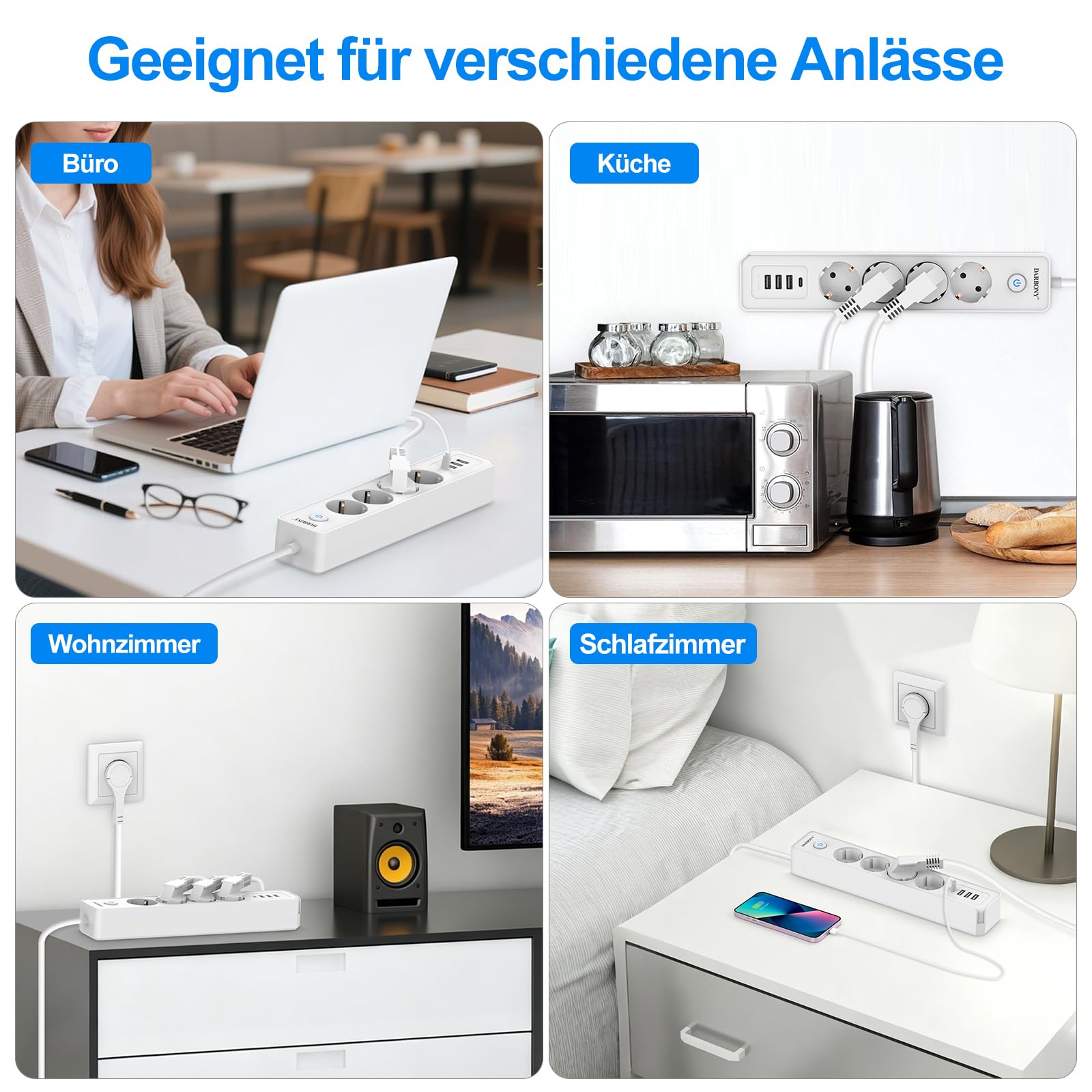 Darbony Listwa zasilająca z 4 gniazdami USB, z przełącznikiem, 4-krotna, ochrona przed przepięciem, 3680 W, 16 A, z gniazdem rozdzielającym USB C, do biura, odtwarzacz CD, kabel 1,8 m, biała