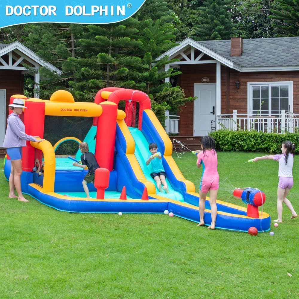 Doctor Dolphin Inflatable Bounce House, Long Slide Water Bounce House, Big Bounce House for Big Kids with 450 BLower, 10 in 1 Multifunction Indoor Bounce House，Kids Jumping Castle for Indoor & Outdoor