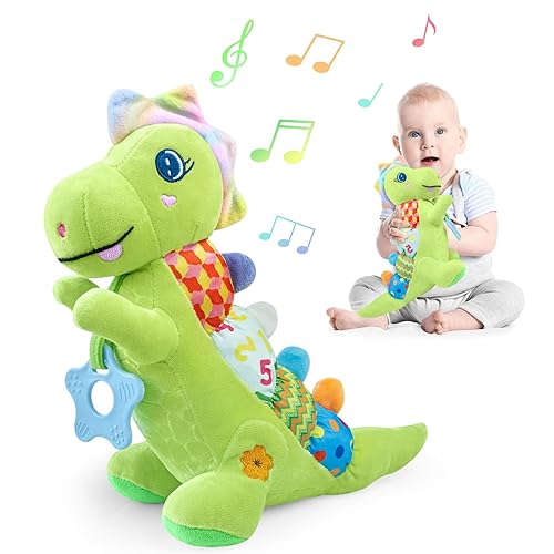 Miniatura 9 de Juguetes de dinosaurio para bebé de peluche suave para 0-3-6-12+ meses, juguete musical para bebé con sonajero, chirrido, crujido sensorial, Azul