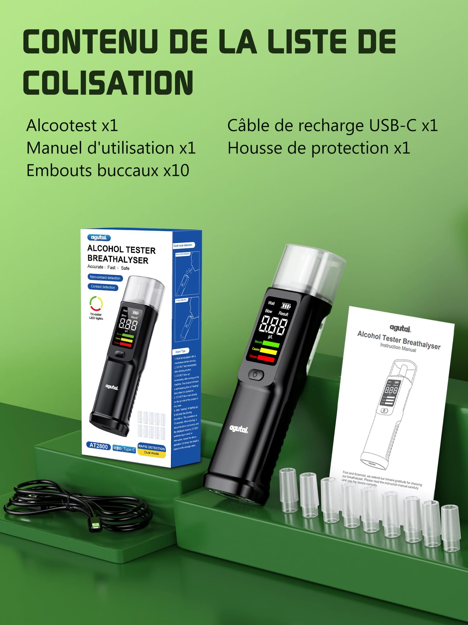 Ethylotest Electronique Homologué Alcootest Ethylometre : Professionnel Etiloteste Rechargeable Éthylomètre Haute Précision avec Affichage Numérique LCD - Portable Testeur d'alcool 10 Embouchures Noir